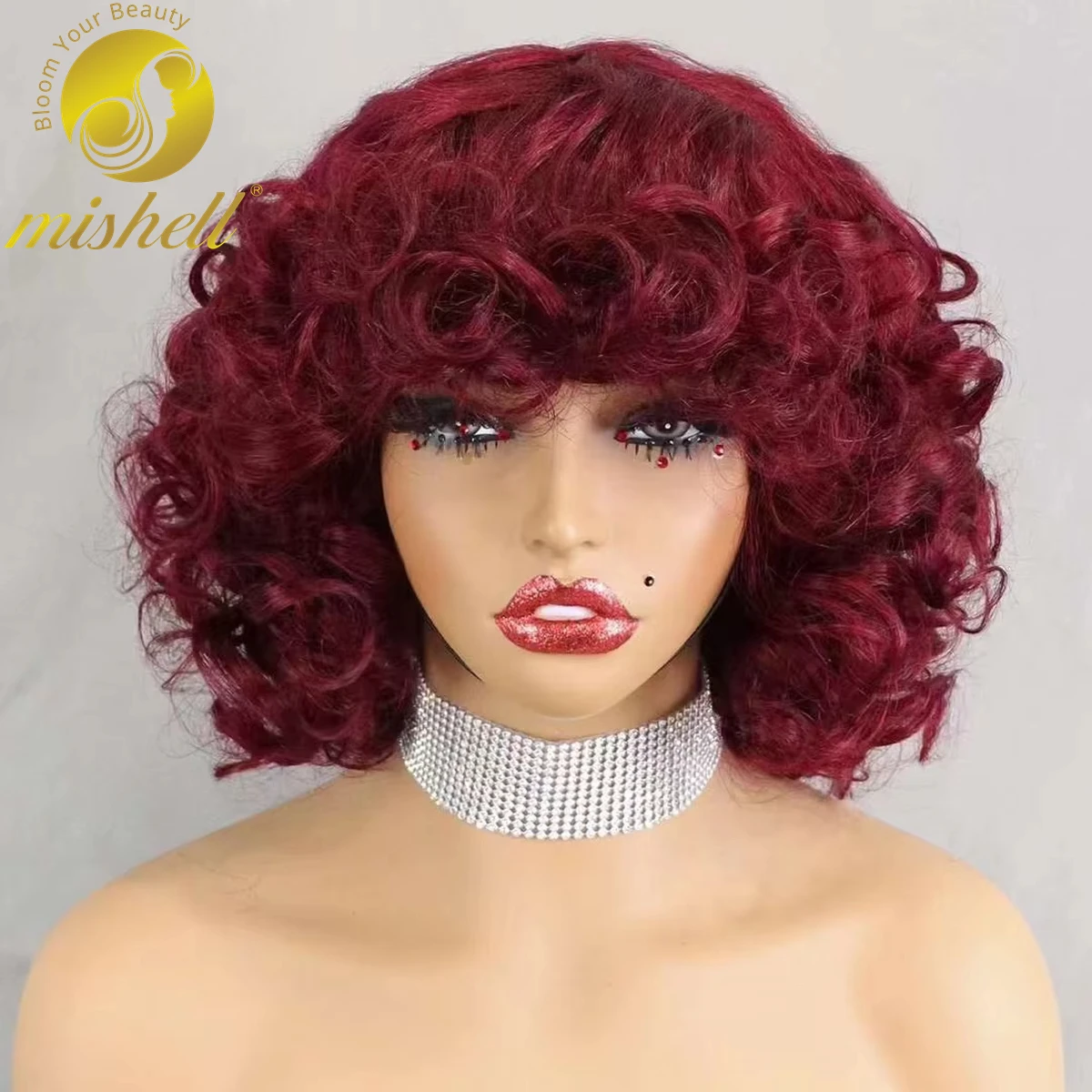 

200% Density 99J# Burgundy Bouncy Curly Human Hair Wigs with Bangs Short Machine Made Loose Curly Bob Wigs PrePlucked for Women