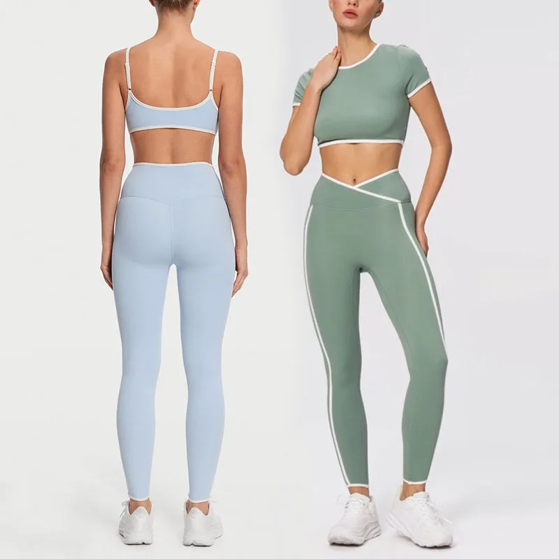 

Спортивный бюстгальтер с цветными блоками и леггинсы с высокой талией, футболки с короткими рукавами для тренировок, одежда для йоги, бега, фитнеса, спортзала