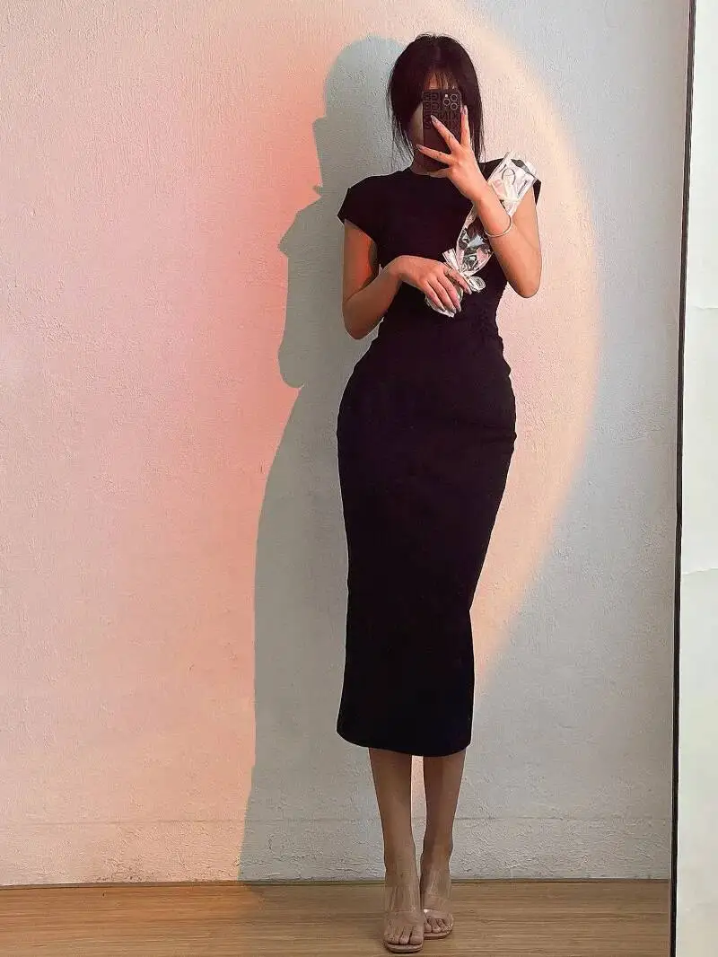 WOMENGAGA 純粋なセクシーなラウンドネックハイウエストプリーツスリムヒップ半袖 Tシャツロングドレスマキシドレス女性ファッションローブ K8VS