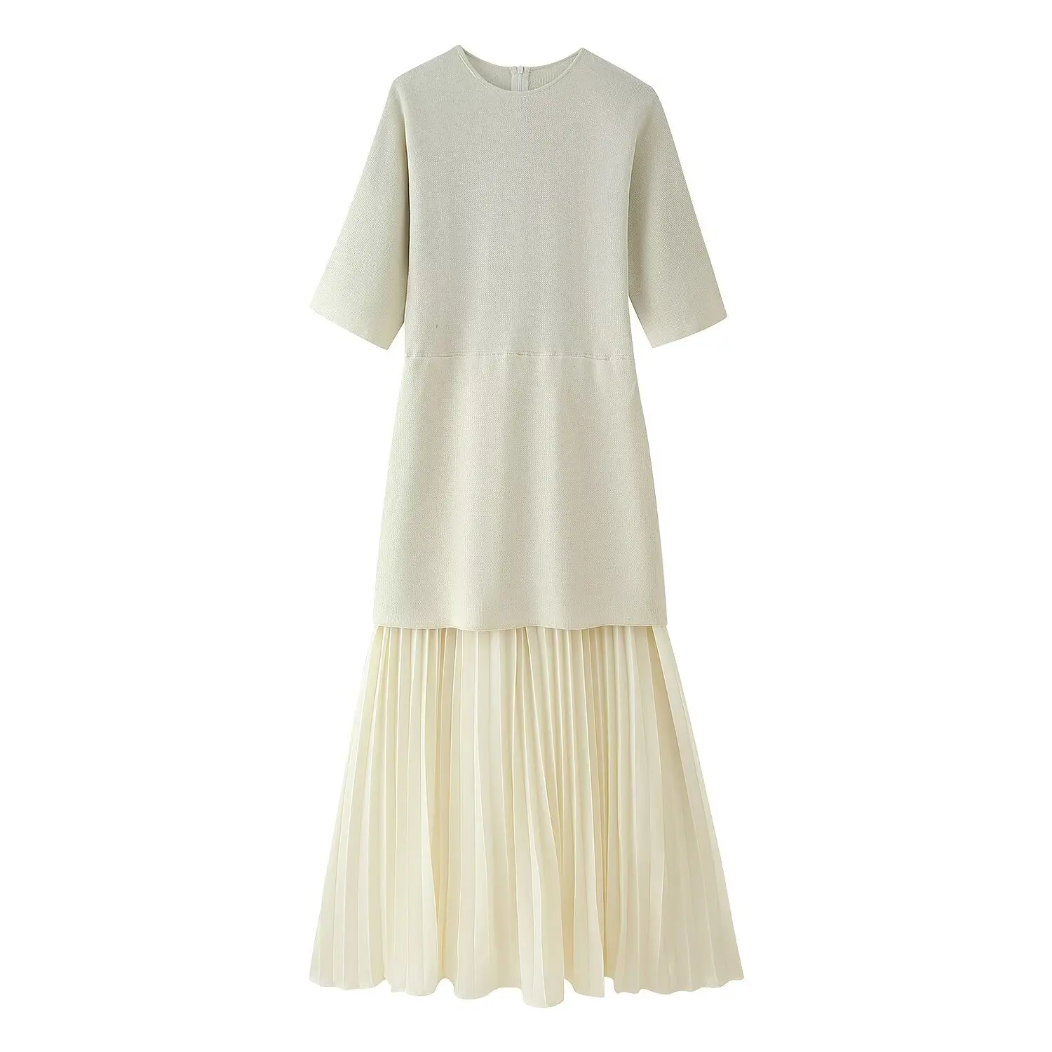 HH Vrouwen Elegante Halve Mouwen O-kraag Geplooide Jurk Lente Vrouw Achterrits Splitsen Vintage Casual Gebreide Lange Jurk