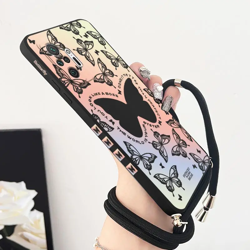 Note 10Pro Auroral Butterfly Lanyard Silicone Phone Case For Xiaomi Redmi Note 10Pro 10S 12S 11EPro 10 11S 11Pro 11 9T 10T Cover