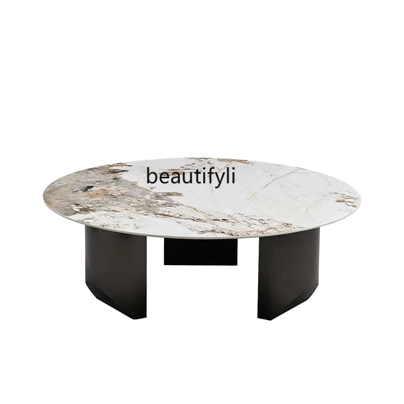 Italian Bright Light Stone Plate round Tea Table Living Room Light Luxury Modern Small Apartment round Coffee Table New