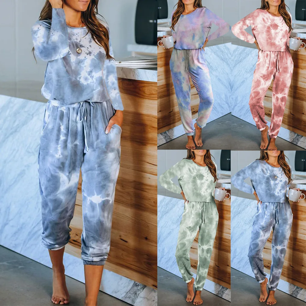 

2025 new women's home clothes long sleeve set tie-dye printed pajamas