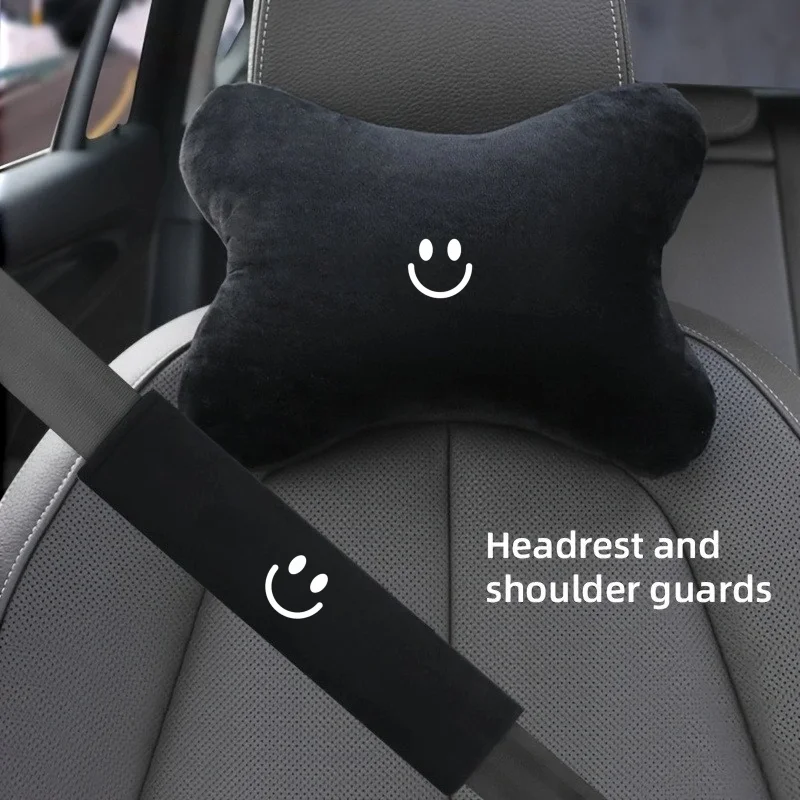 Smiley Face Car Seat Neck Pillow + 26cm Seatbelt Shoulder Pad, Soft Plush Material, Protect the Cervical Spine, Comfortable and
