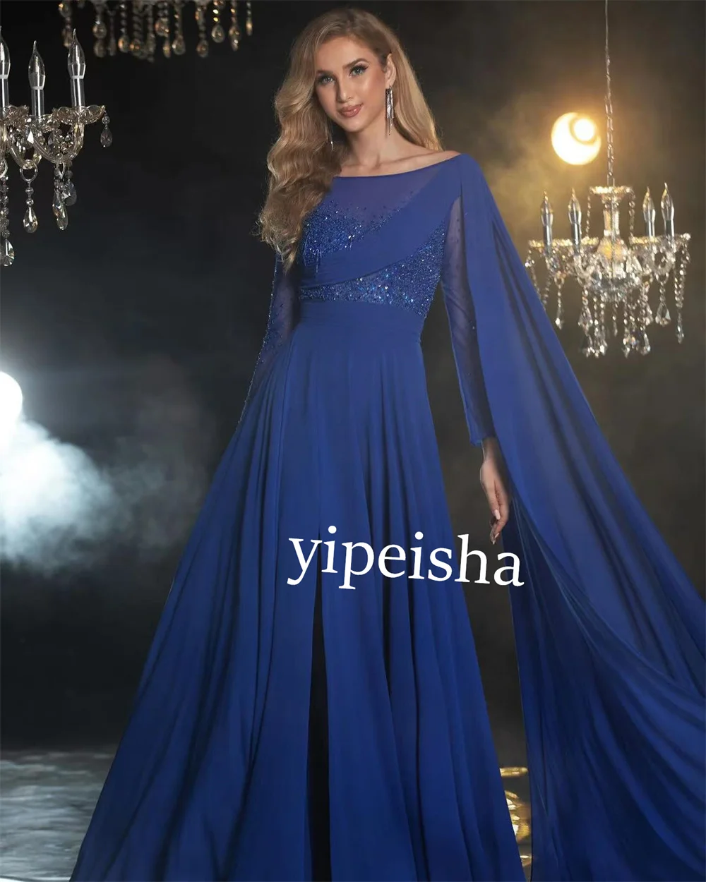 Customized Chiffon Sequined Pleat Graduation Straight Scoop Neck Bespoke Occasion Gown Long Dresses