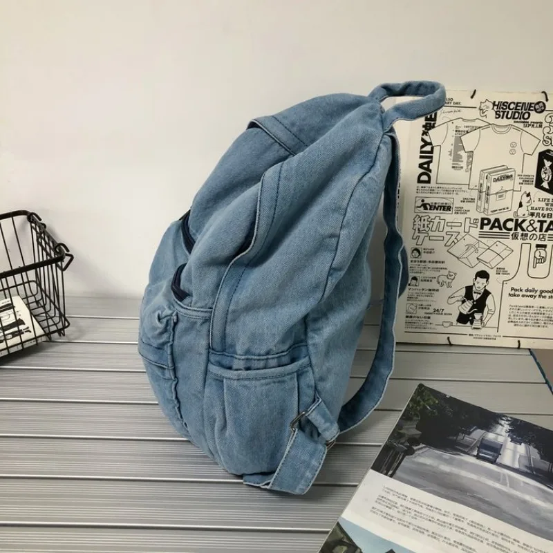 Vintage Simple Fashion Blue Gray Denim School Travel Backpacks for Women College Students Large Capacity Schoolbag Shoulder Bags