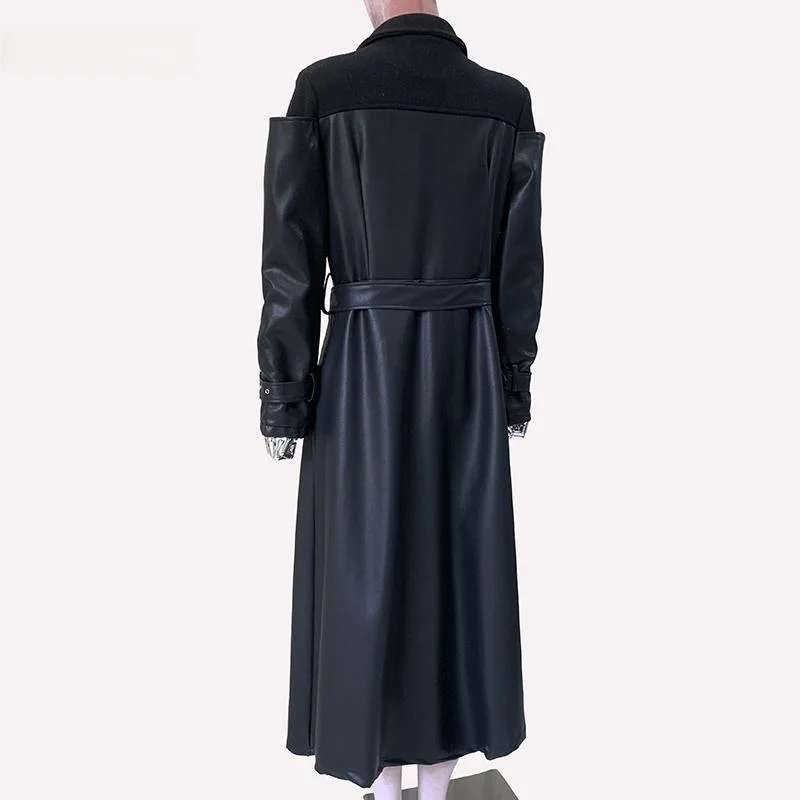 秋冬ロングウールチェック柄PUレザージャケット女性のエレルーズスーツ襟ファッショナブルなアウターコート女性