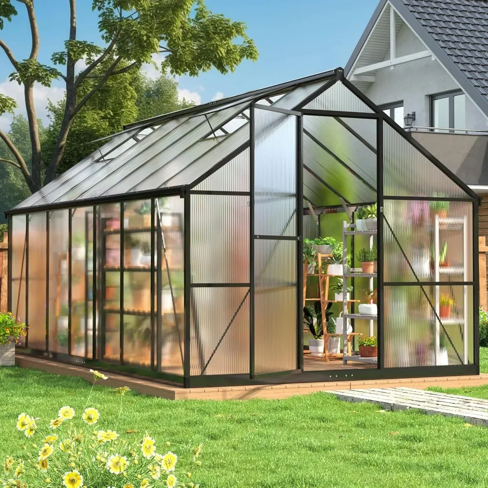 

Greenhouse for Outdoors 8x14 FT, Polycarbonate Greenhouse with Roof Vent and Quick Setup Structure, Aluminum Green House for Ba