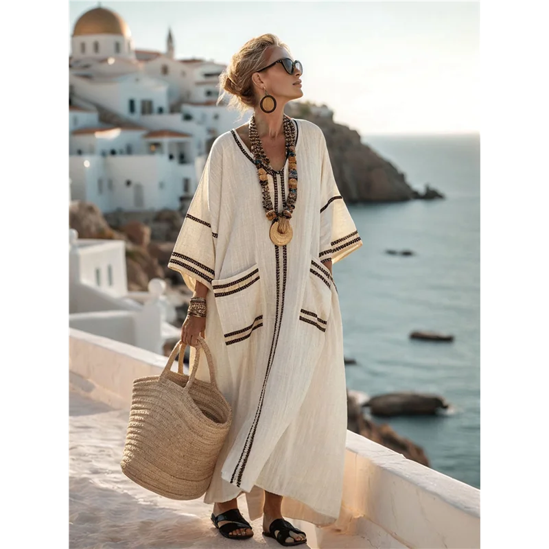 ABRT-فستان نسائي صيفي فضفاض كبير الحجم من القطن والكتان برقبة على شكل V بوهو كتلة ألوان قفطان طويل مع فتحة #2