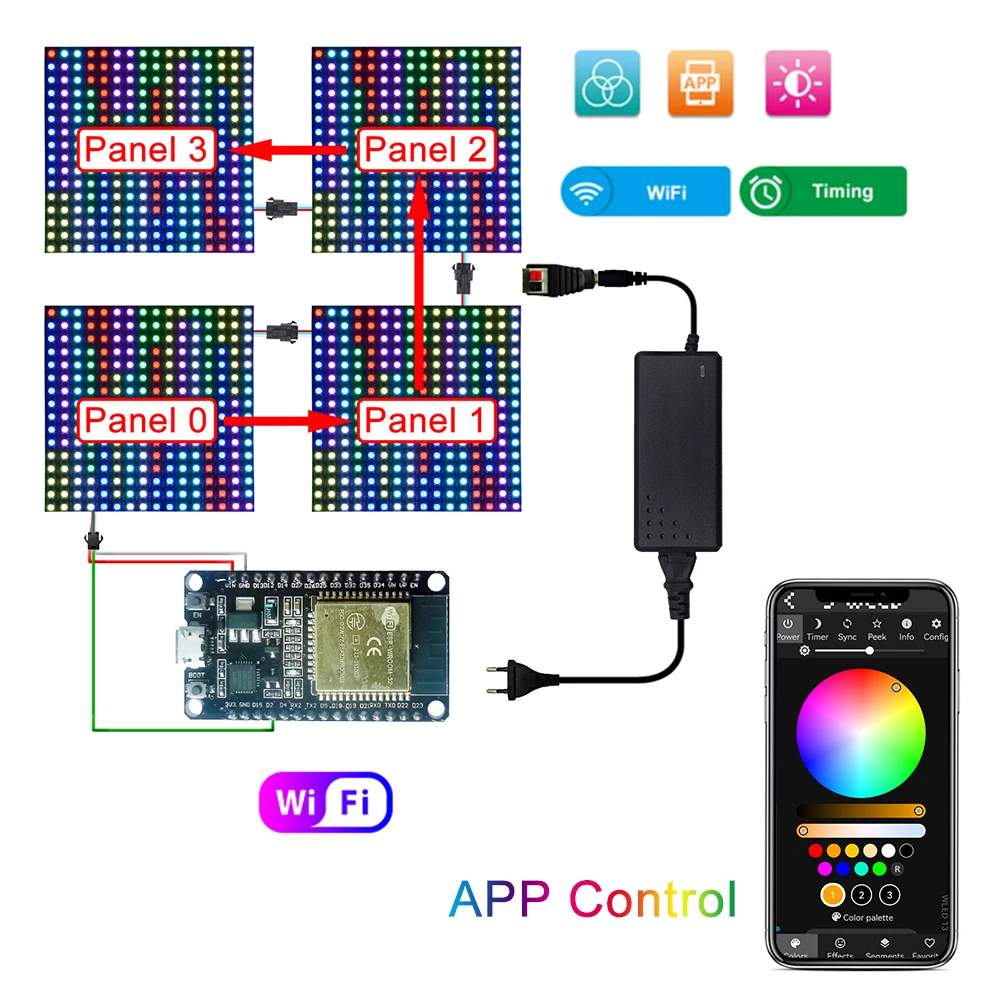 1000+ LED Matrix 16x16 32x32 DIY Power Control WLED Wifi ESP32 Board Flexible Addressable Pixel Night Light WS2812B RGB DC5V