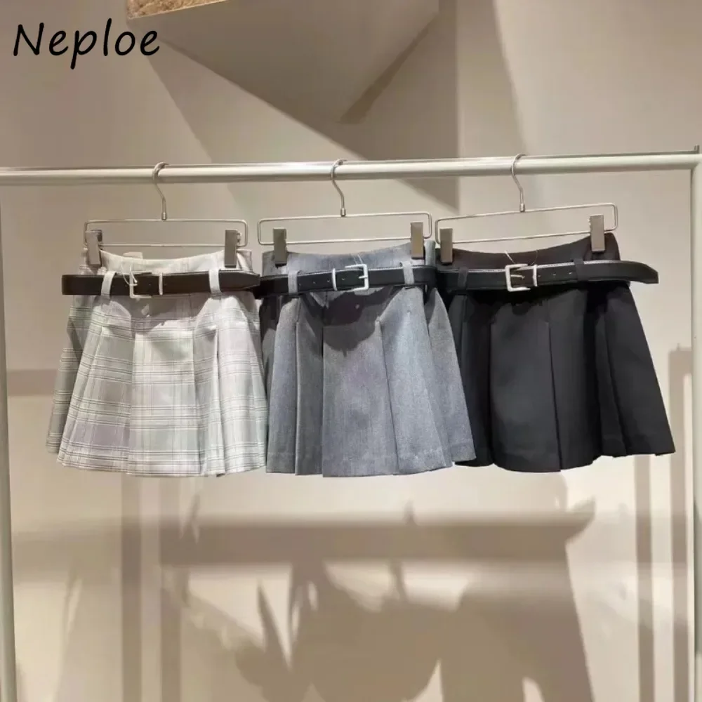 Neploe Elegant High Waist All-match Pleated Skirt Belt Preppy Style Short Mujer Faldas Japan Literary Femme Harajuku New Falda