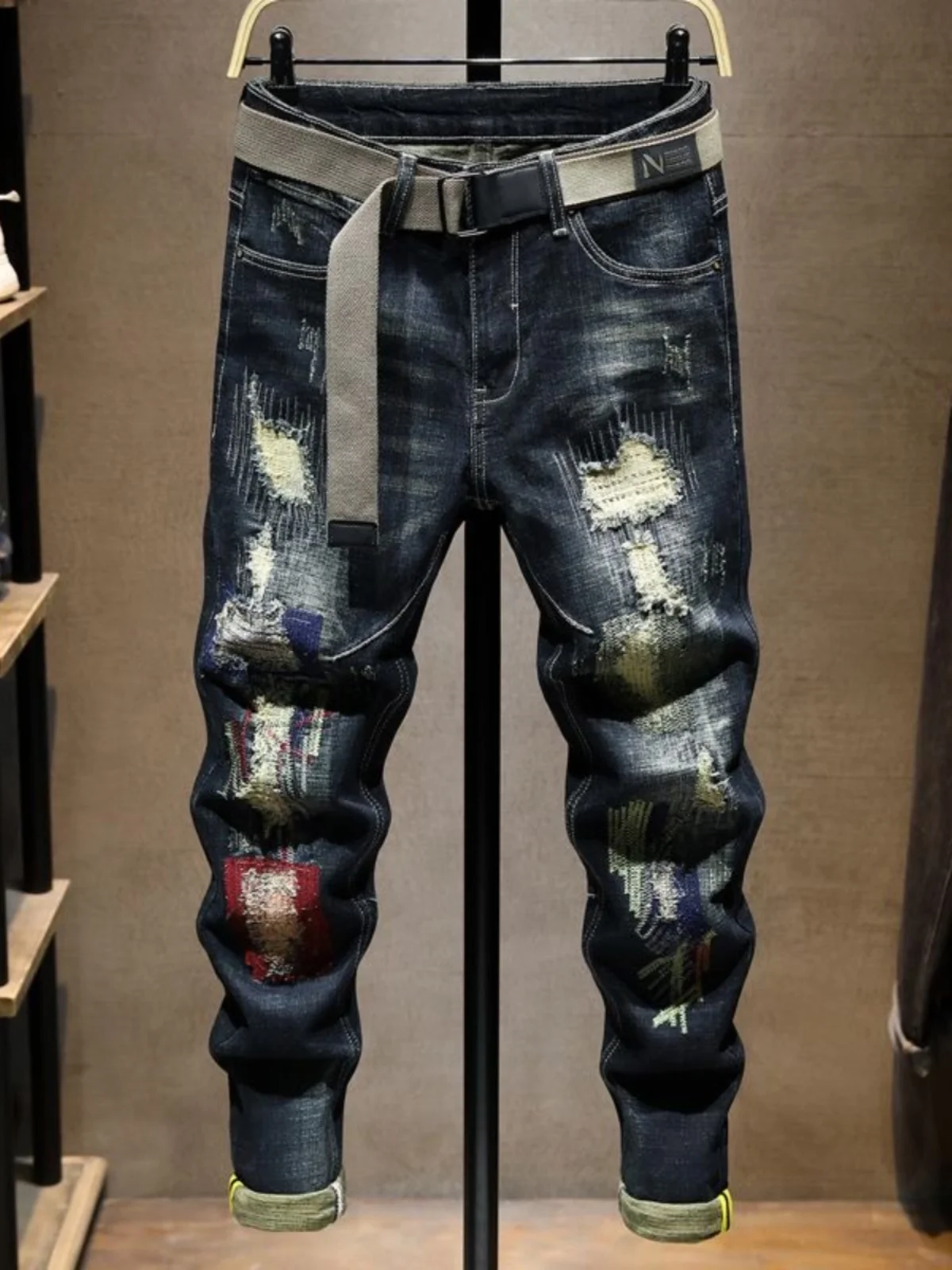 

Модные мужские джинсовые джинсы, весна 2024, облегающие повседневные длинные брюки с эластичной резинкой на талии в стиле пэчворк, High Street Sle