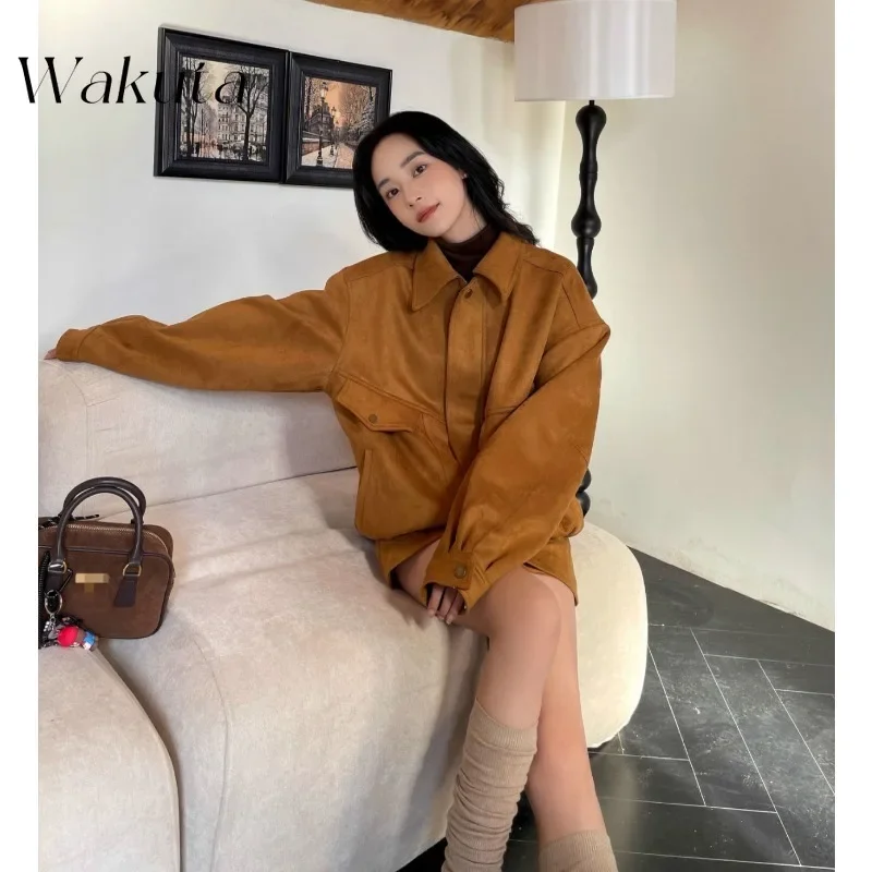 WAKUTA Korean Retro Versatile Lapel Loose Long-sleeved Jacket Chic A-line Half-body Dress Short Skirt Fall Matching Sets 니트 스커트