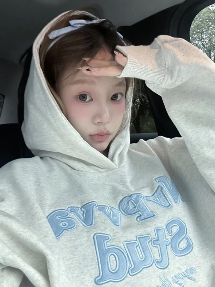 

Женская свободная толстовка с капюшоном с вышитой нашивкой, осень-зима, американская ретро, ленивая верхняя одежда, повседневная уличная одежда