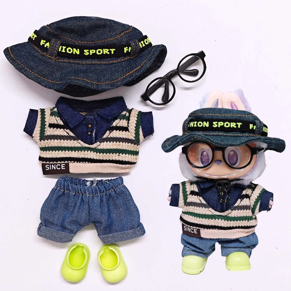 

For Labubu High-quality Children's Clothing 15cm / 17cm, Fisherman's Hat, Striped Sweater 5-piece Set, Labubu Universal Clothing