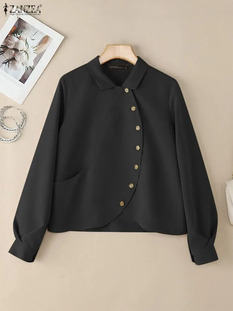 

ZANZEA, стильная женская рубашка с длинным рукавом и лацканами, осенняя блузка 2022, элегантная однотонная рабочая блузка, нестандартные офисные топы, большие размеры