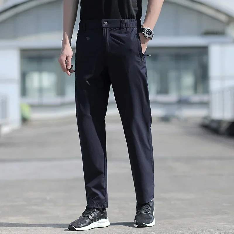 Large Size Men\'s Summer Pants Big Size Ice Silk Stretch Breathable Straight Leg Pants 6XL Quick Dry Elastic Band Black Trousers