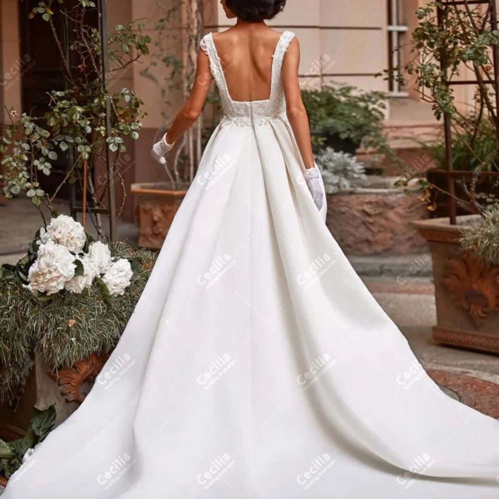 Splendidi abiti da sposa A-Line abiti da sposa in raso ricamati abiti colletto quadrato senza maniche backless abiti da sposa 2024