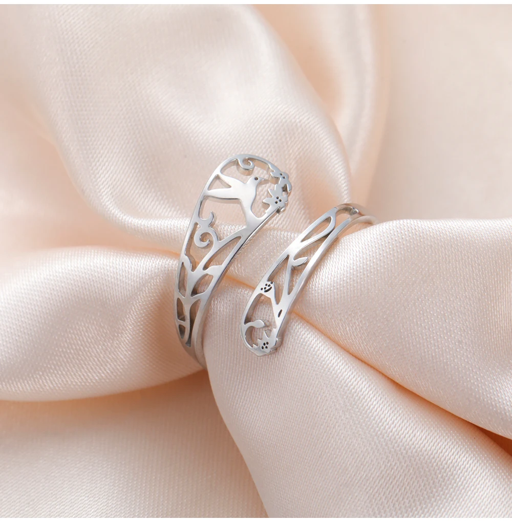 COOLTIME Blumen- und Vogel-Damenring, Edelstahl, verstellbar, modischer Blumen-Fingerring, Schmuck, Geburtstagsgeschenk – Detail 7