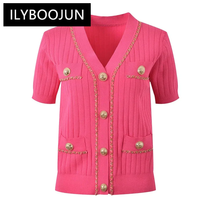 

2024 Summer Lady Elegant Style V-neckline Short Sleeve Women Single-breasted Solid Chain Decoration Slim Fitted Knits Cardigan