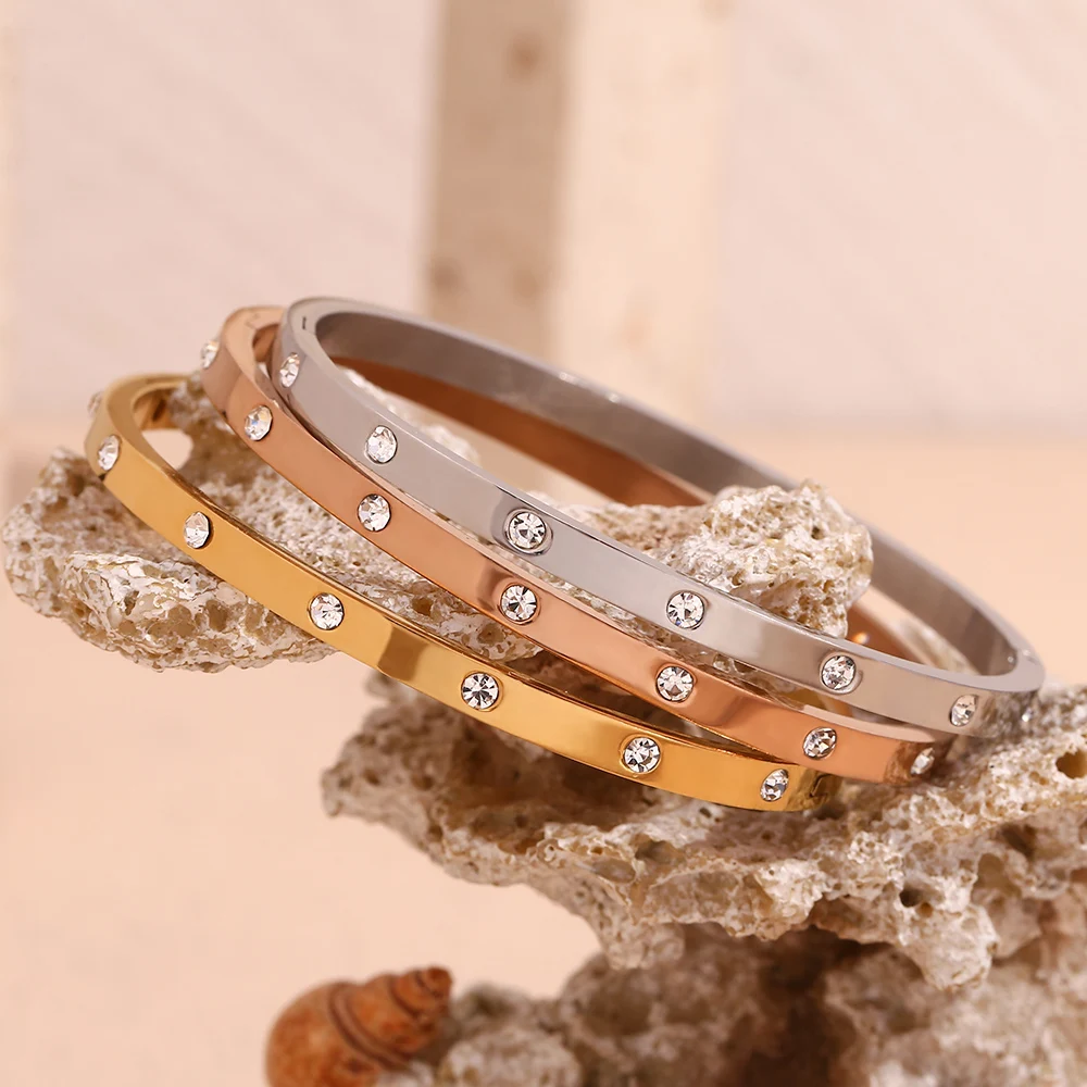 E.B.belle Dotted Zircon Buckle Bracelet Water Resistant 316L Stainless Steel Bracelet for Women 18K Gold Plated Jewelry