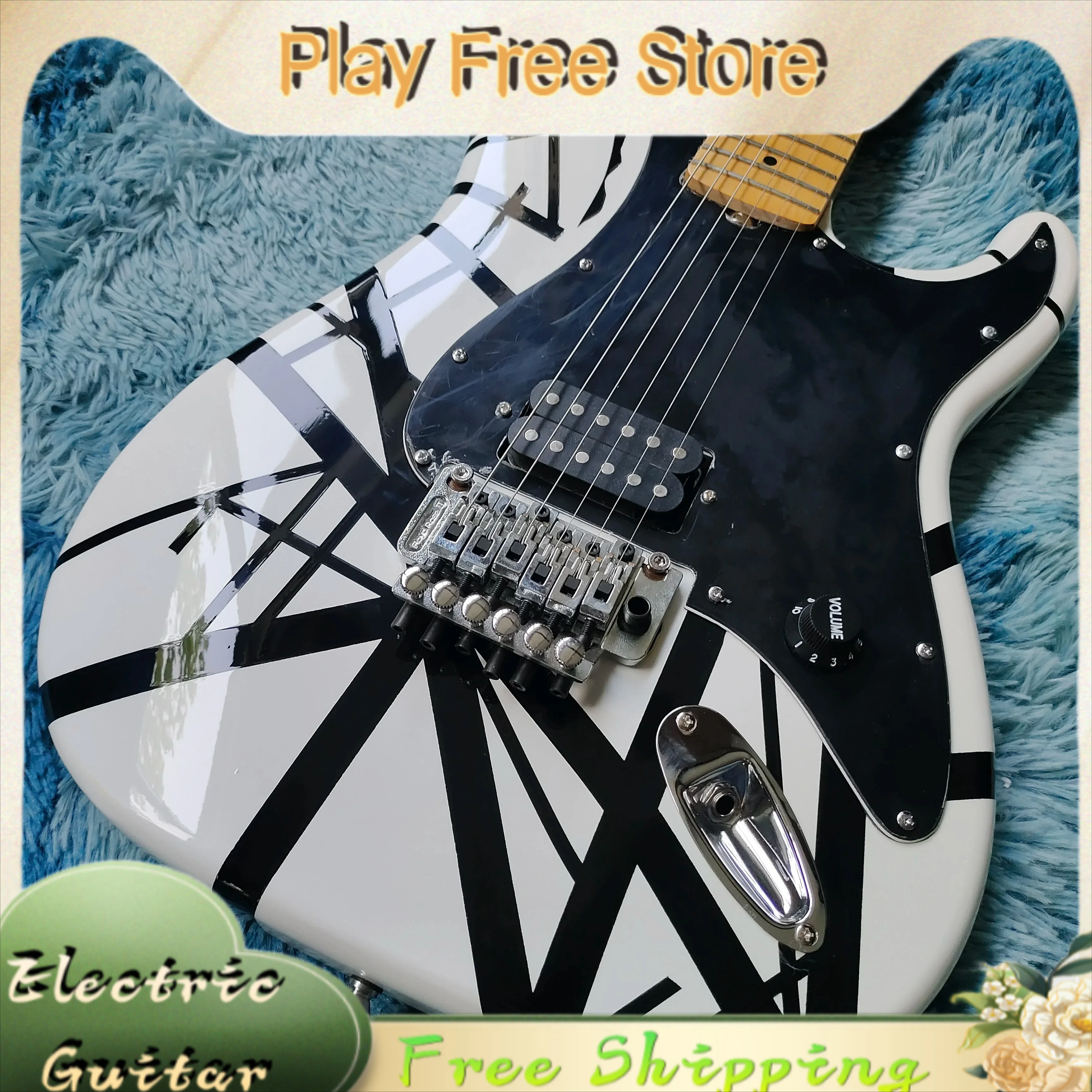 STR Black White Stripes Electric Guitar  Maple Wood Fingerboard Fixed Six Nail Bridge Black Guard Plate Hot Sale Free Shipping