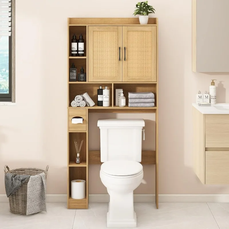 Over The Toilet Storage Cabinet, Farmhouse Rattan Storage Cabinet Over Toilet with 2 Rattan Barn Doors & Toilet Paper