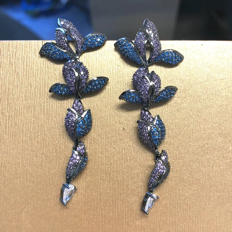 Bilincolor Elegant Purple and Blue Flower Orchid Earring for Women Gift