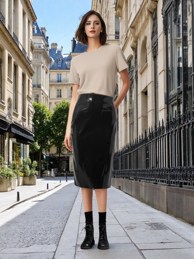 

Women Glossy Stretch Faux Leather Slim Fit Skirts Back Zip Open Office Ladies Shiny PU Leather High Waist Skirt Support Custom