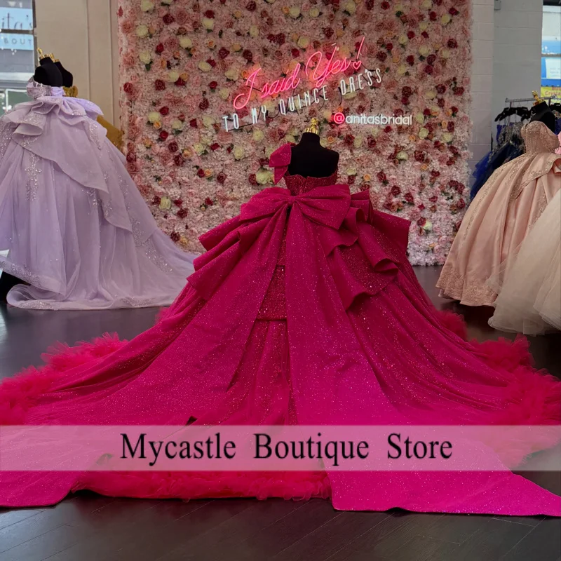 Muse ﻿Customized Red Quinceanera Dress off-shoulder Flower Crystal Decal Lace Layering Long tail Bow vestidos de 15 Quinceanera