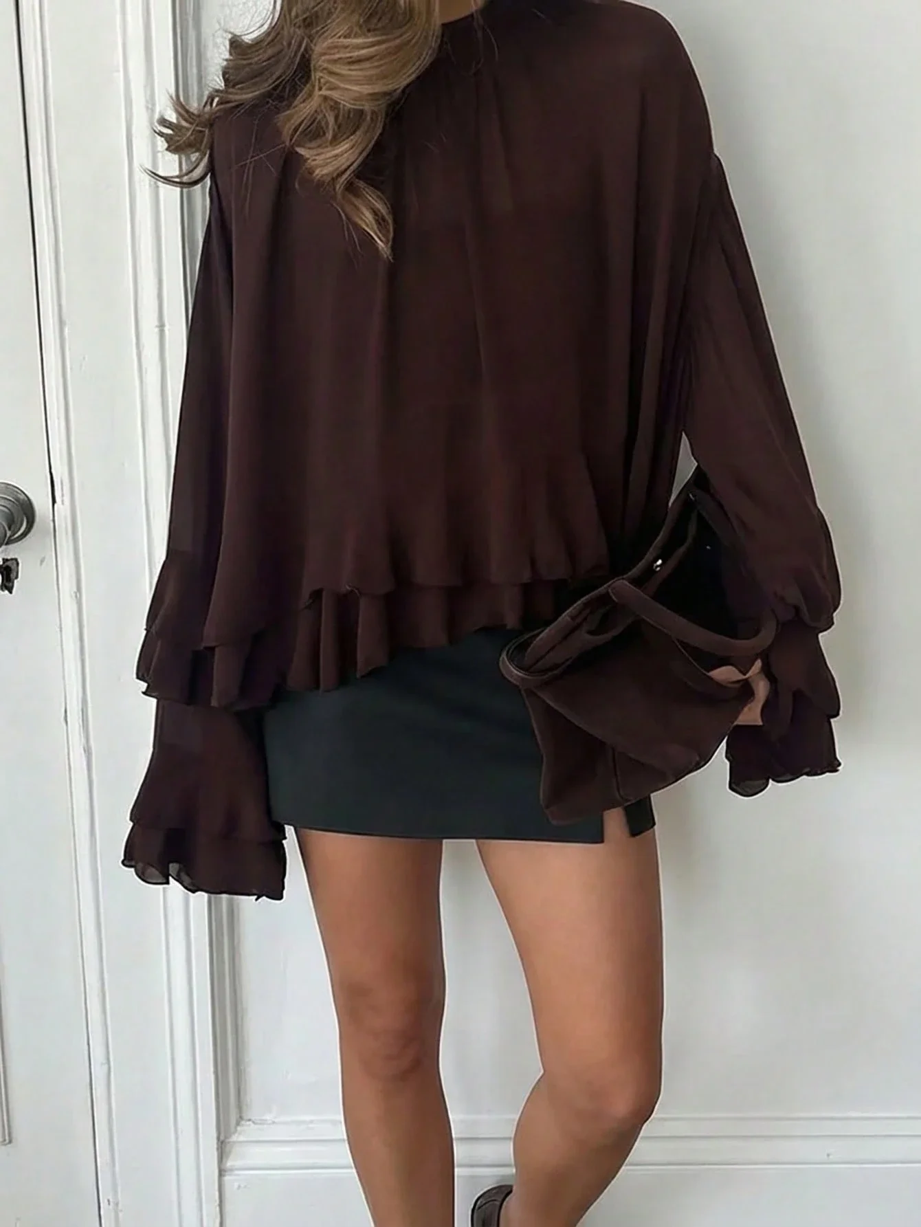 

Элегантная блузка в богемном стиле с рюшами и длинными рукавами, коричневый топ цвета шоколада