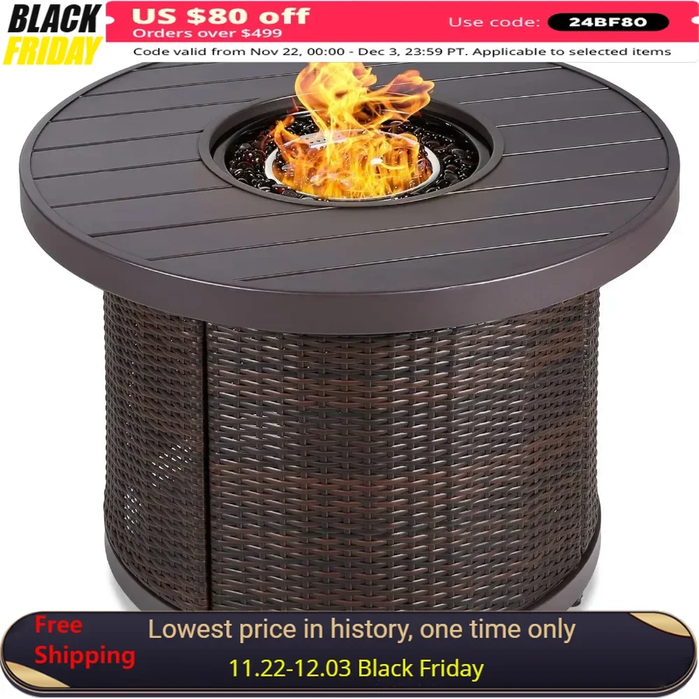 

32in Fire Pit Table with Faux Wood Table Top, Glass Beads, Cover, Hideaway Tank Holder, Wicker Round Propane Gas Fire Pit Table