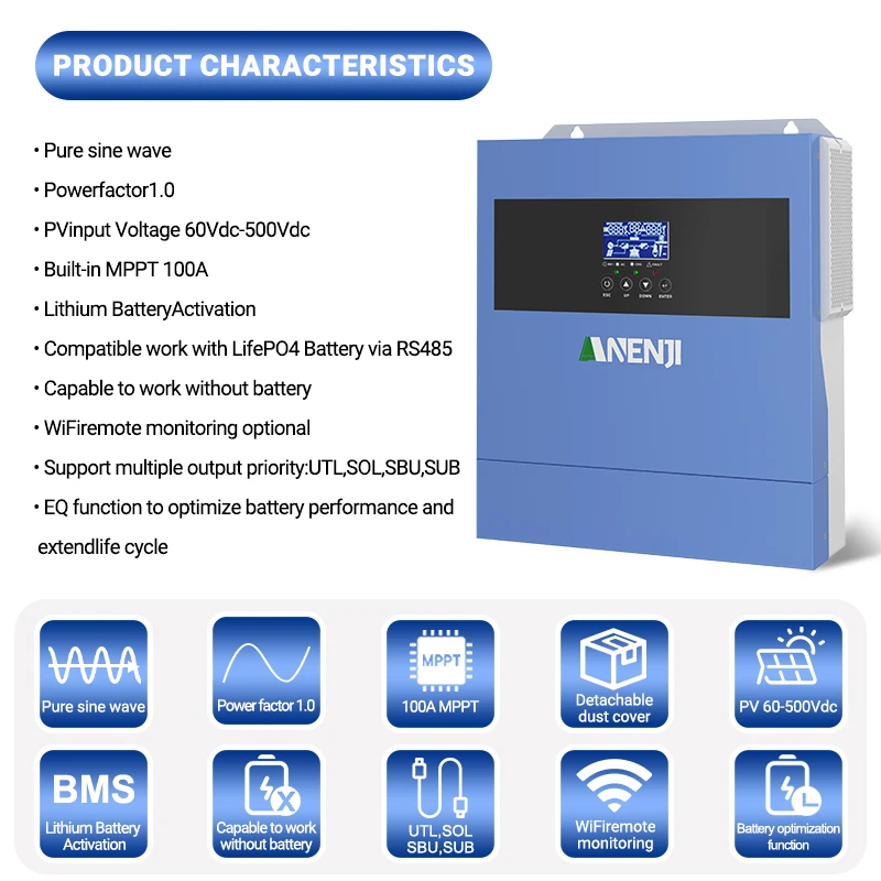 ANENJI الأسهم الأمريكية 4.2KW 24V الهجين العاكس للطاقة الشمسية 220-230 فولت المدمج في MPPT 100A شاحن تحكم موجة جيبية نقية المنزل العاكس WiFi #2