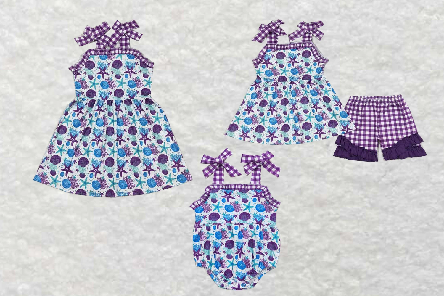 wholesale hot sale western boutique clothing baby girls clothes purple and white checkered lace suspender shorts outfit