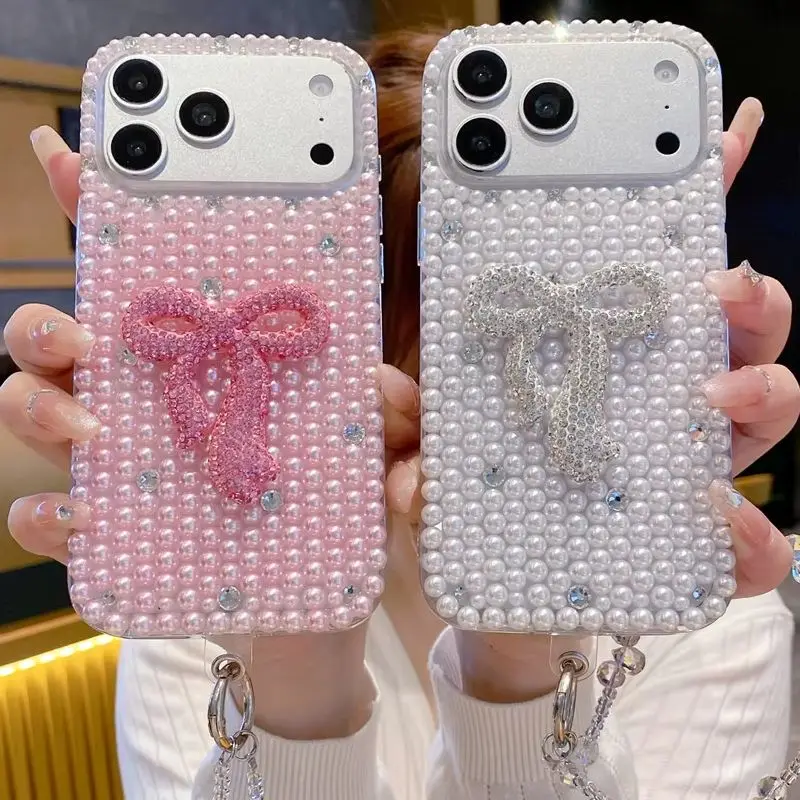 Preppy Luxury Bling Bling Pearl Rhinestone Bow Phone Case for 17 Pro Max Crystal Hand Strap Protective Cover for iPhone 16 15 14