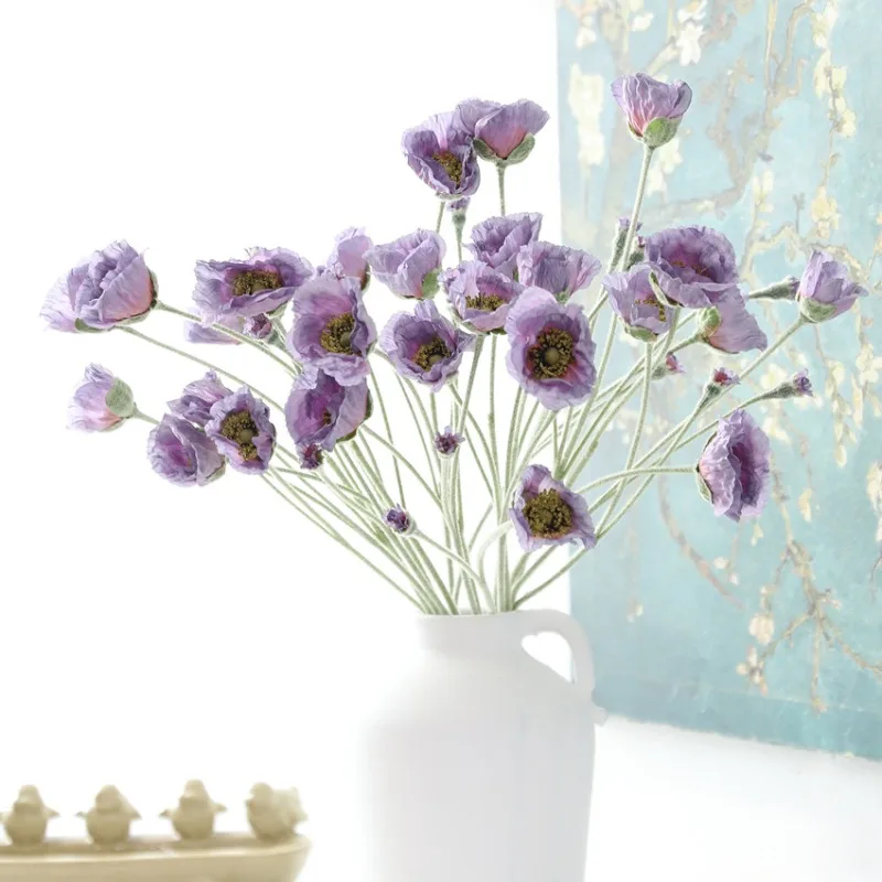 

10 шт. Искусственные шелковые цветы, 5-головые маки, ветка, для декора ресторана, оранжево-желтые, имитация маков