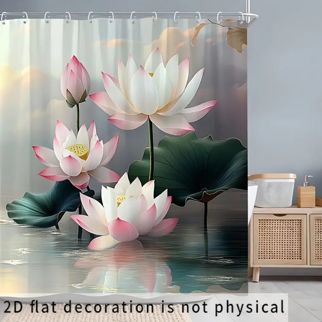 Luxurious Waterproof Lotus Floral Shower Curtain Bathroom Decor Tropical Nature Print Modern Aesthetic Master Bathroom Spa Panel