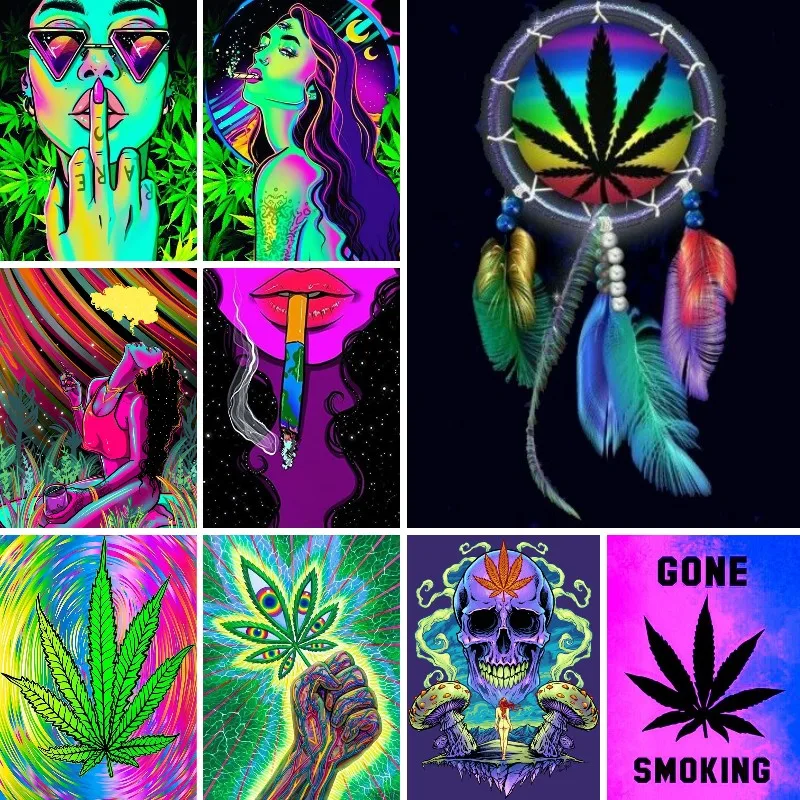 Weed Pop Art Girl Smoking Diamond Painting Kit Full Drill  Leaf Full Square Embroidery Mosaic Cross Stitch Home Decor