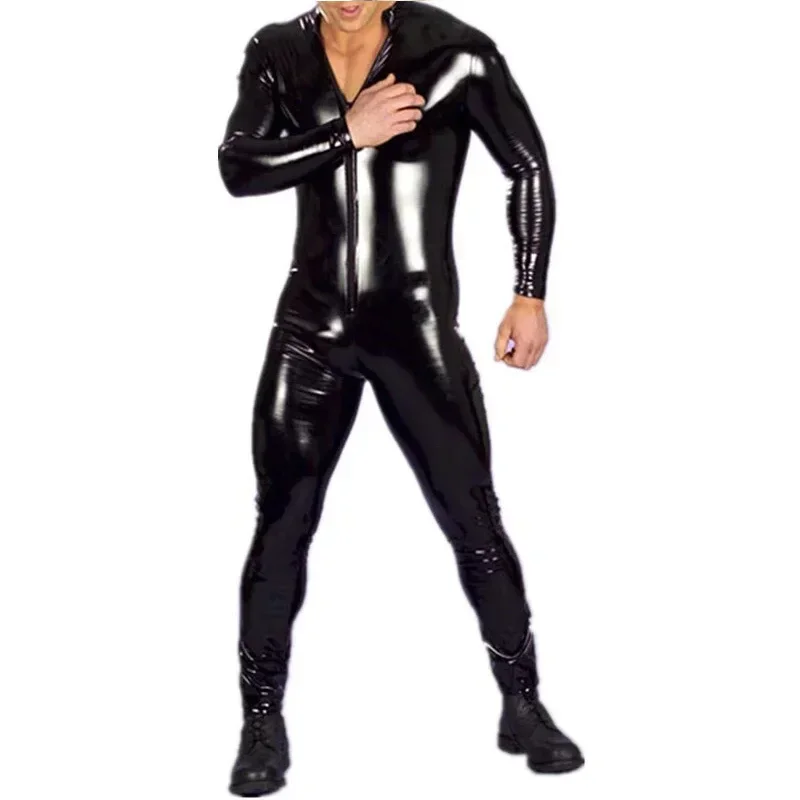 Faux Latex Men Jumpsuits Stretch Patent Leather Jumpsuits Man PVC Exotic Gay Fetish Wet Look Leather Bodysuit Metallic Gold Suit