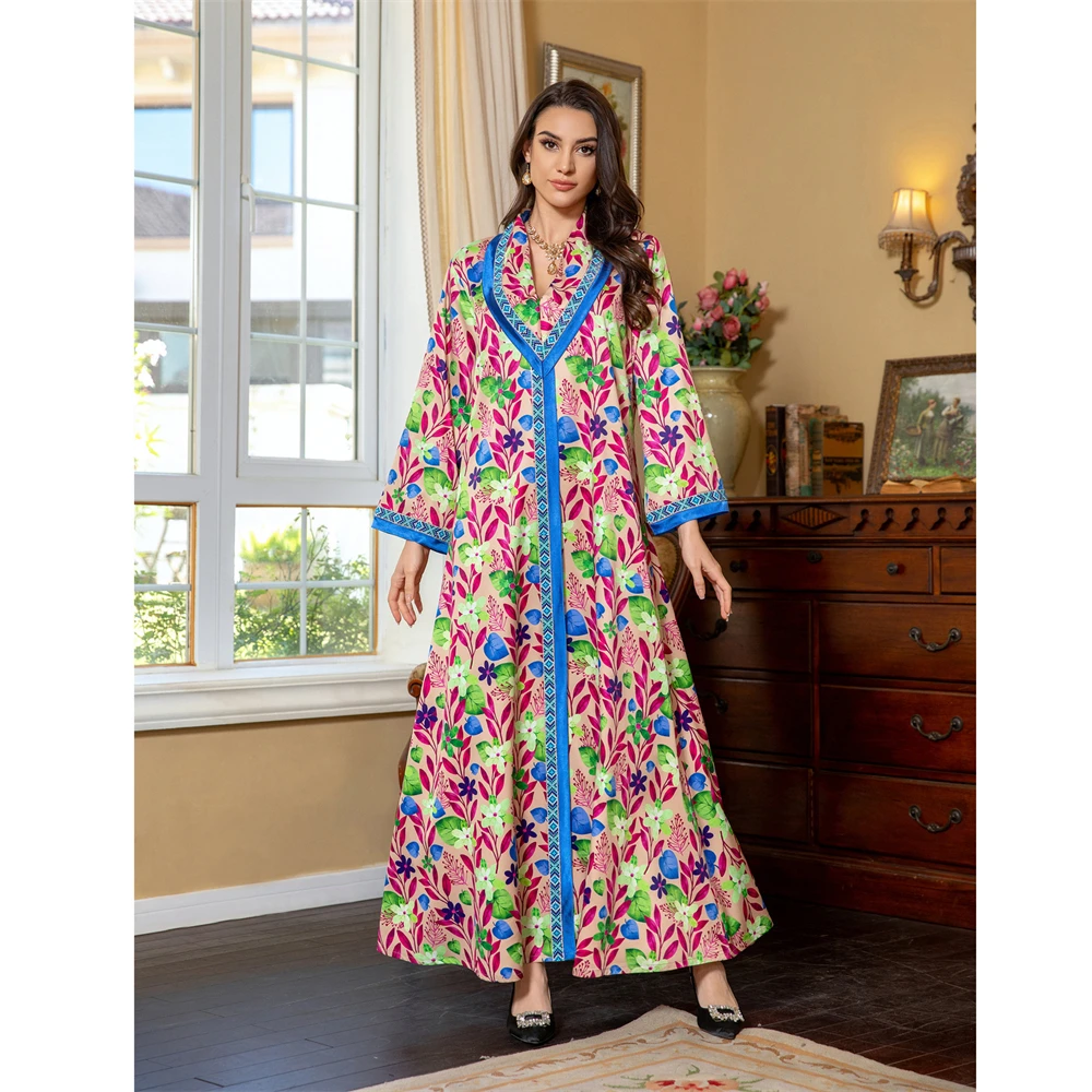 

Muslim Woman Floral Printed Abaya Moroccan Kaftan Dubai Jalabiya Diamonds Long Dress Evening Party Gown Eid Ramadan Caftan Robe