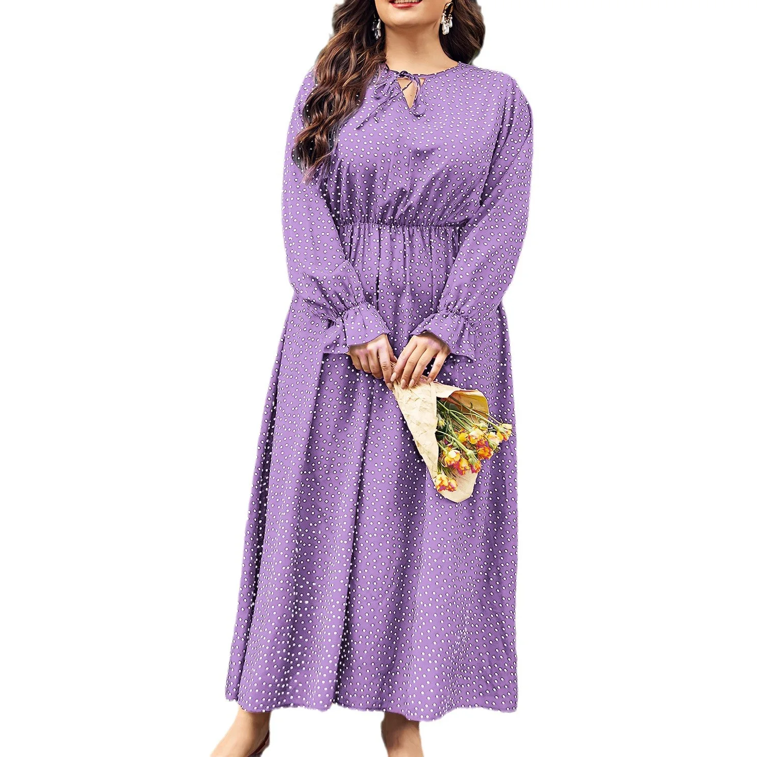 Robe à manches longues pour femmes, grande taille, col en v, style ethnique bohème, imprimé à pois, mode décontractée, printemps automne