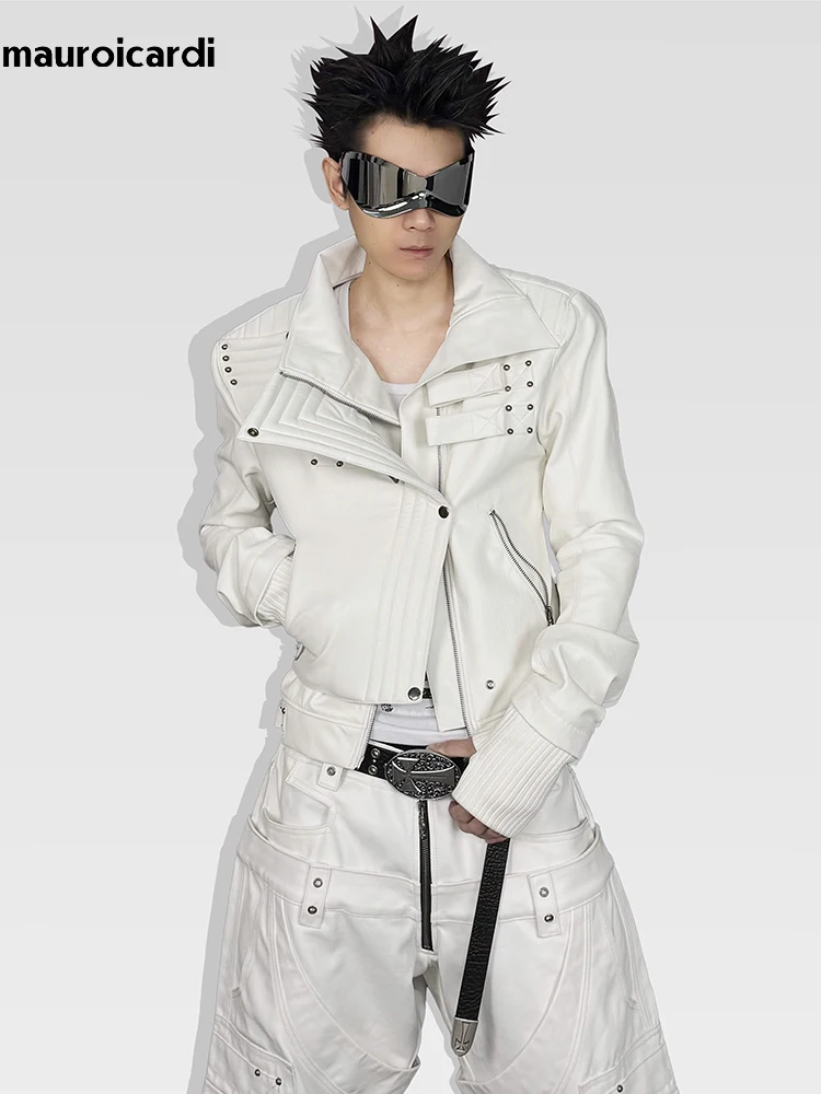 Mauroicardi Spring Autumn Cool Handsome Short White Pu Leather Jacket Men Zipper Luxury Designer Clothes Fashion Clothes