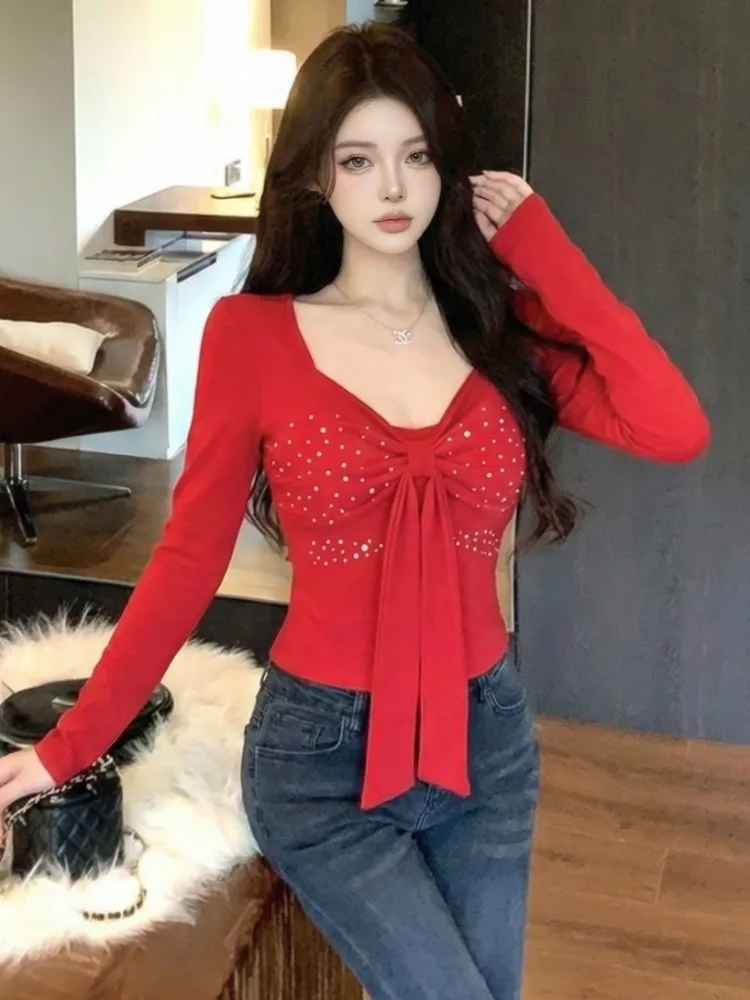 

Slim Fit Long Sleeve T-Shirt Women's Fashion Knot Rhinestone Design Square Collar Top for Autumn Winter plus Size
