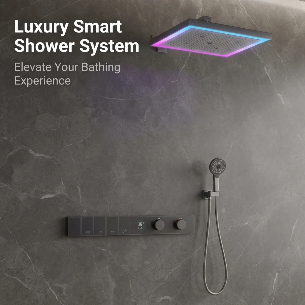 600x500 Square 4 Function Rainfall Shower Head Thermostatic Smart LED Shower Set Bathroom Concealed Mixer Valve SPA System Kit