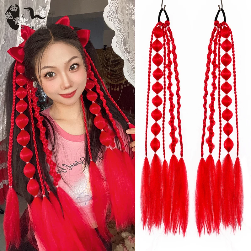 

Red Long Bubble Ponytail Extensions Twist Braid Hair Synthetic Extensions Lantern Handmade Braid Hair Piece For Women And Girls