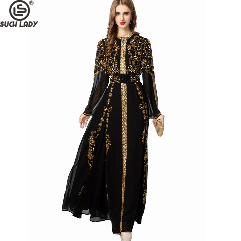 

Women's Dresses Black Gold-Beaded Stand-Up Collar Long Sleeve Flared Empire Waist Chiffon Ankle-Length Luxury Evening Prom