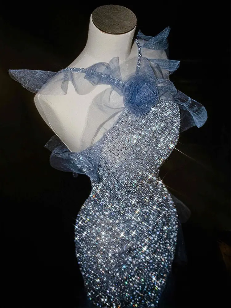 iny الترتر ثوب مسائي المرأة 2025 صباح جديد رداء الراقية مأدبة المضيف Fi الذيل الأزرق الشرب الدكتور العروس #4