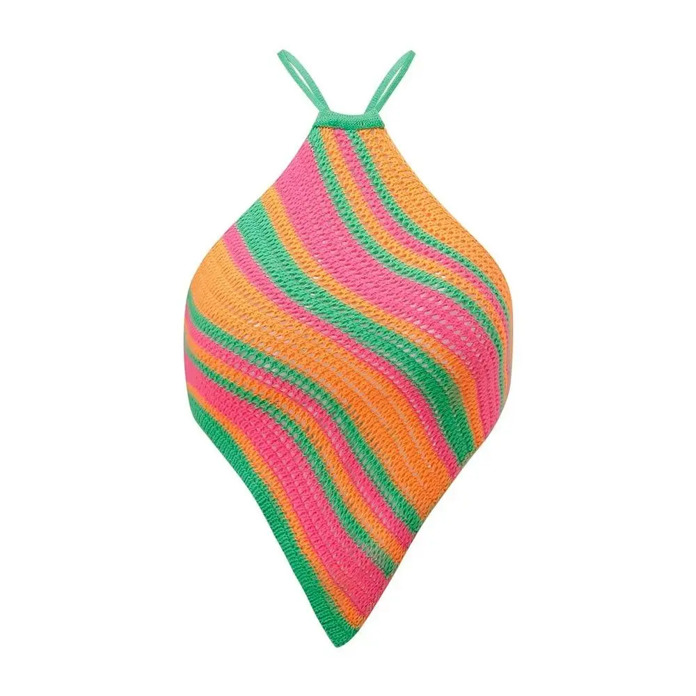 

Summer Backless Tank Top Sleeveless Striped Halter Crop Top Color Lump Asymmetrical Vest Top Girls