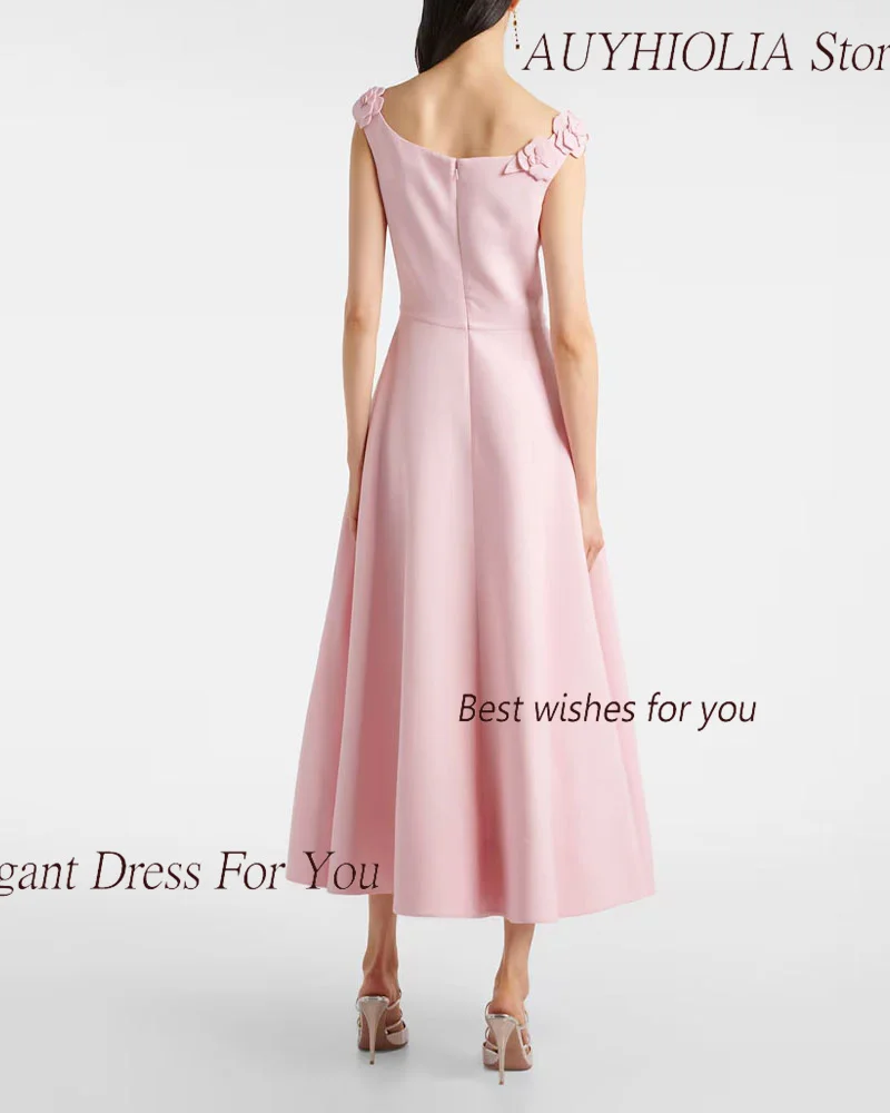 Crepe Evening Dresses For Sexy Women 2024 정장원피스 Vestidos de festa Elegant 3D Flower Crewl Neck Formal Solid Cocktail Party Gown