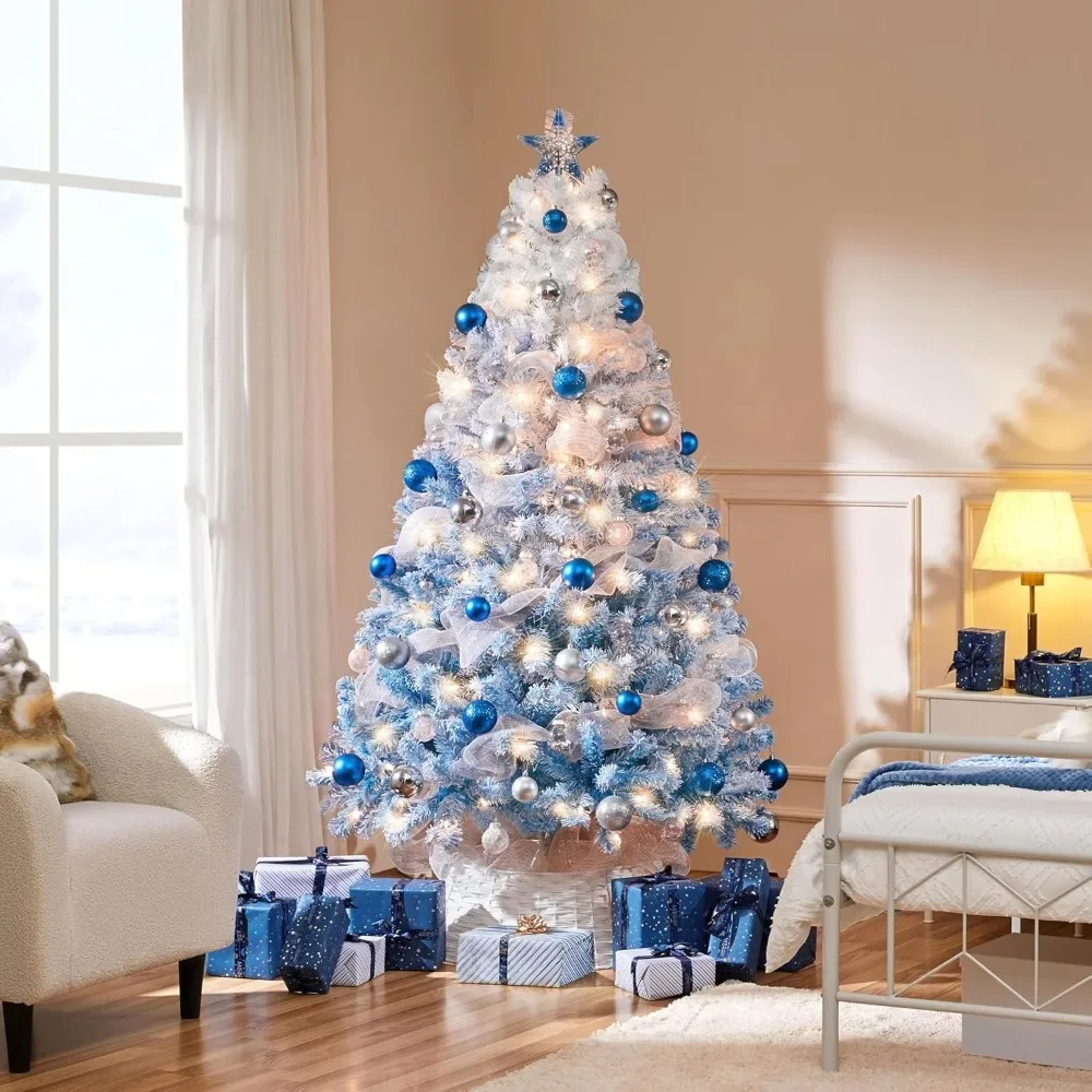 Snow Flocked Full Prelighted Xmas Tree with Branch Tips & Foldable Stand Incandescent Warm White Lights, Lake Blue Gradient